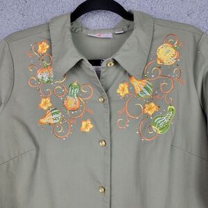 Quacker Factory Blouse Womens M Button Up Thanksgiving Embroidered Pockets